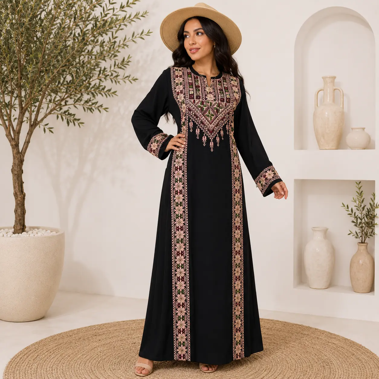 Women's Modest Embroidered Thobe Dress - Long Sleeves, Elegance, Comfortable, Well-Fit, Large Sizes, 1-Piece Islamic Occasion-Wear Robe with Embroidery Detail, Longsleeves