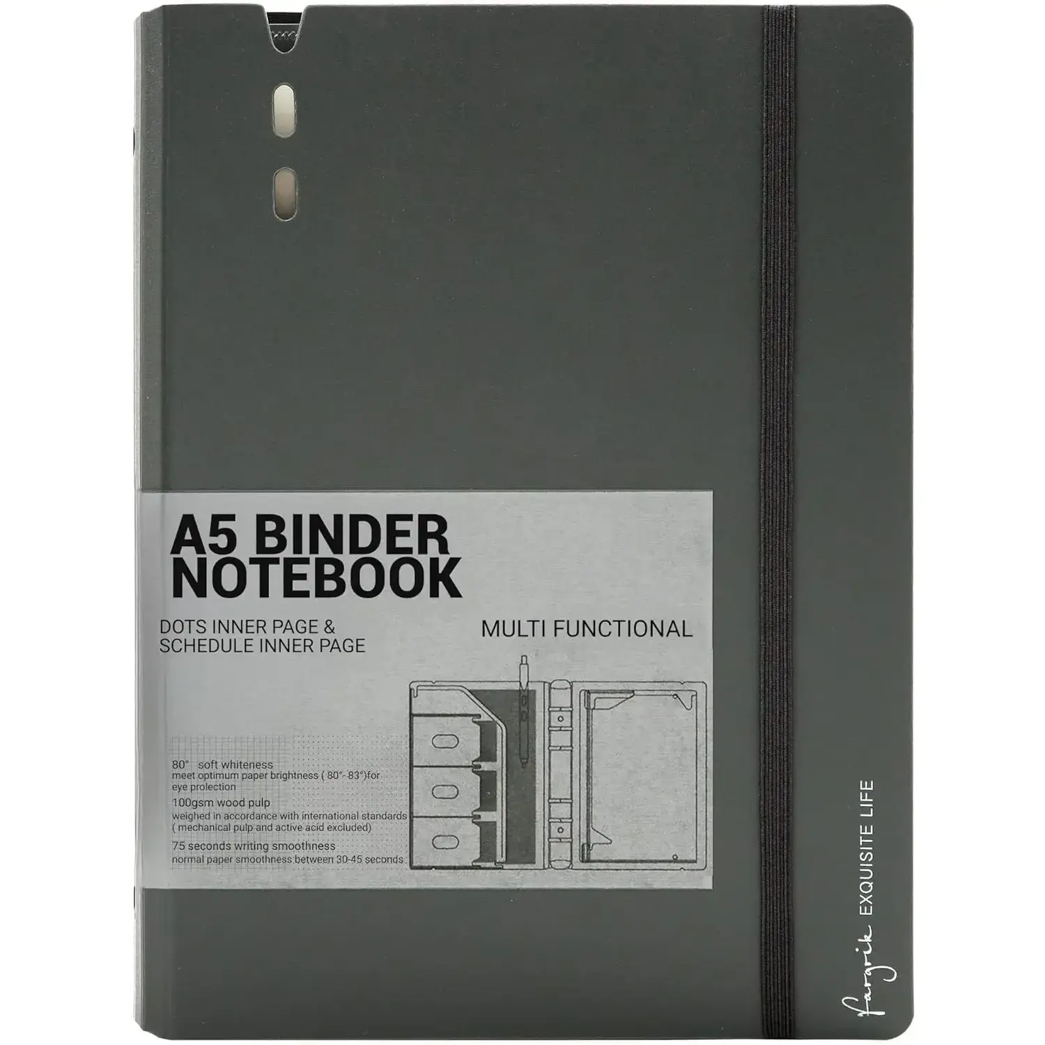 A5 6-Ring Refillable Binder Notebook - Wood Pulp Eye Protection Smooth-Write Refill Paper (Square Ruled, Dotted), 80-150 Sheets, Elastic Binding, School Notebook, Travel Journal, 6.89x9.25in Grey Organizer with Dividers, Pockets, Pen Holder
