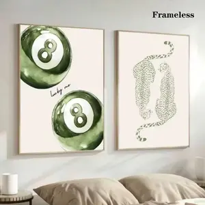 2D Plan, 2 Frameless Murals Featuring The Lucky Number 8, Designed with Billiards As The Theme. This Canvas Print Showcases Green Elements and Is Perfect for Decorating Living Rooms, Bedrooms, Home Offices, and Other Spaces