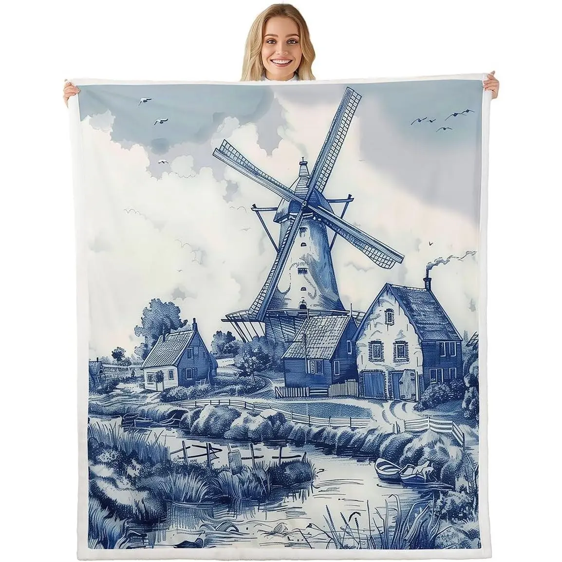 Vintage Dutch Windmill Plush Blanket Throw Delft Blue Farm Throw Blankets Rustic Farmhouse Blanket