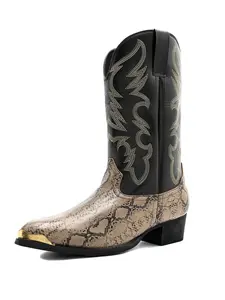 Retro Western-style snakeskin patchwork cowboy boots, men's embroidered high-top riding boots, metal toe trendy motorcycle boots