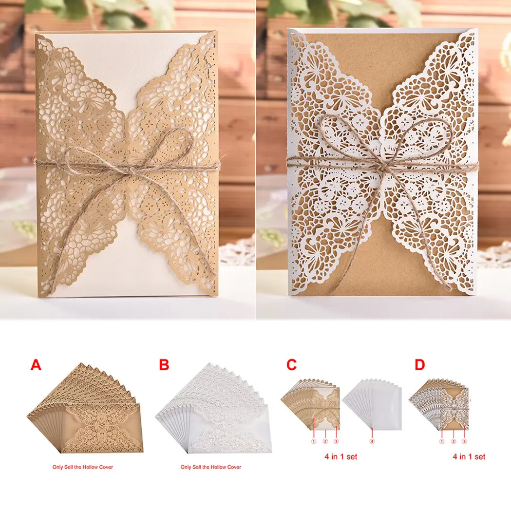 20 Sets Laser-Cut Kraft Paper Invitation Cards with Gold Foil Lace Design, Jute String & Kraft Paper Inserts, 5x7.2" Size with Blank Pages, Wedding Invitations & Festive Party Supplies (In-Stock), 20 Sets With Kraft Paper Inserts.