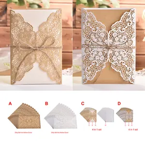 20pcs Laser Cut Invitation Card, Holiday Greeting Card with Gold Foil Lace Design, Wedding Invitation in Kraft Paper with Jute String, In Stock