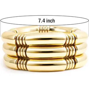 3PCS Chunky Gold Beaded Bangle Bracelet Set Stack for Women Men Stretchy Snake Link Chain Flexible Wide Wristband Bangles Bracelets