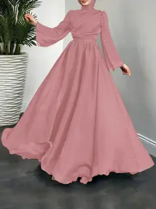 Women's Modest Solid Color Round Neck Long Sleeve Ruched Zipper Flare Sleeves Waist Cinching Maxi Dress, Elegant Casual Fashion, Long Sleeve Dresses