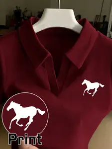 Women's Polo Shirt, Short Sleeve, Slim Fit, Horse Print, Elastic Fabric, Collar Design, Casual Wear, Fashionable Women's Clothing, Womenswear