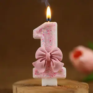 1pc Pink Glittery Number Candle with a Bow - an Elegant Cake Topper Suitable for Parties, Anniversaries, Weddings, And Valentine'S Day Decorations, Made of Soft Wax, Perfect for Creating a Festive Atmosphere, Birthday Candles