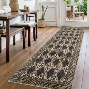 Garvee Runner Rug 2x8, Checkered Leopard Print Washable Rug Runners for Hallway Soft Low Pile Non-Slip Kitchen Runner for Bedroom Laundry, Light Brown/Grey, 2'x8'