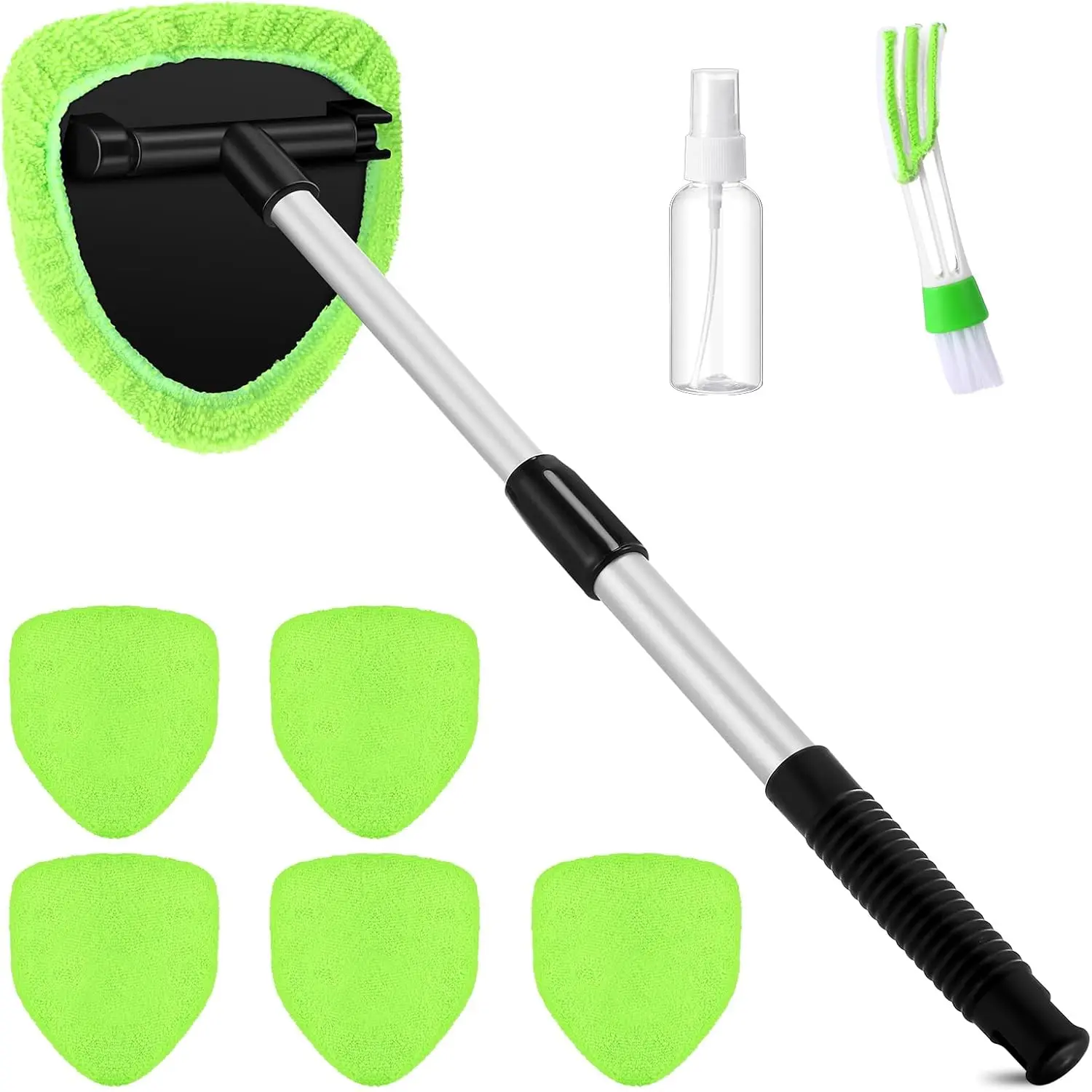 Windshield Cleaner Tool Car Window Cleaning Wash Kit with 6 Reusable Microfiber Pads 1 Spray Bottle and Extendable Handle Auto Glass Wiper Kit
