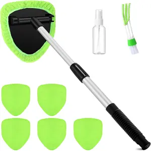Windshield Cleaner Tool Car Window Cleaning Wash Kit with 6 Reusable Microfiber Pads 1 Spray Bottle and Extendable Handle Auto Glass Wiper Kit