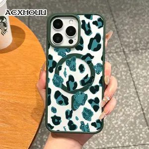 Vintage Magnetic Teal Glitter Leopard Print Smartphone Case - Aesthetic, Lightweight, Shockproof, Scratch-Resistant, Waterproof Silicone TPU Cover for iPhone 17,16 Pro Max,15 Plus,14,13,12,11,XS,XR Tech Accessory, Mobile Phone Accessories