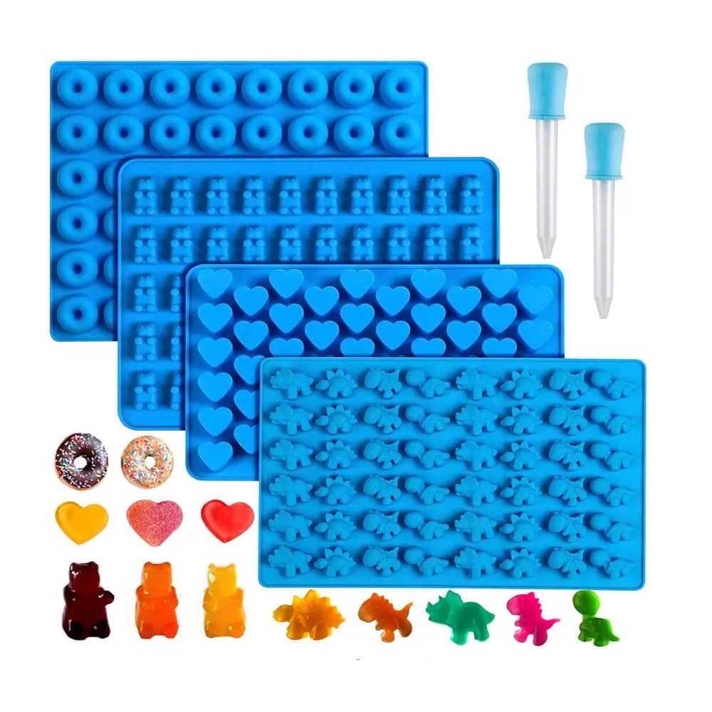 Candy Mold with Droppers, 4 Counts DIY Bear/Dinosaur/Donut/Heart Shaped Soft Baking Mold with 2 Counts Droppers, Reusable Chocolate Mold, Non-stick Silicone Chocolate Mold Set, Baking Essentials, Silicone Molds for Chocolate, Baking Supplies