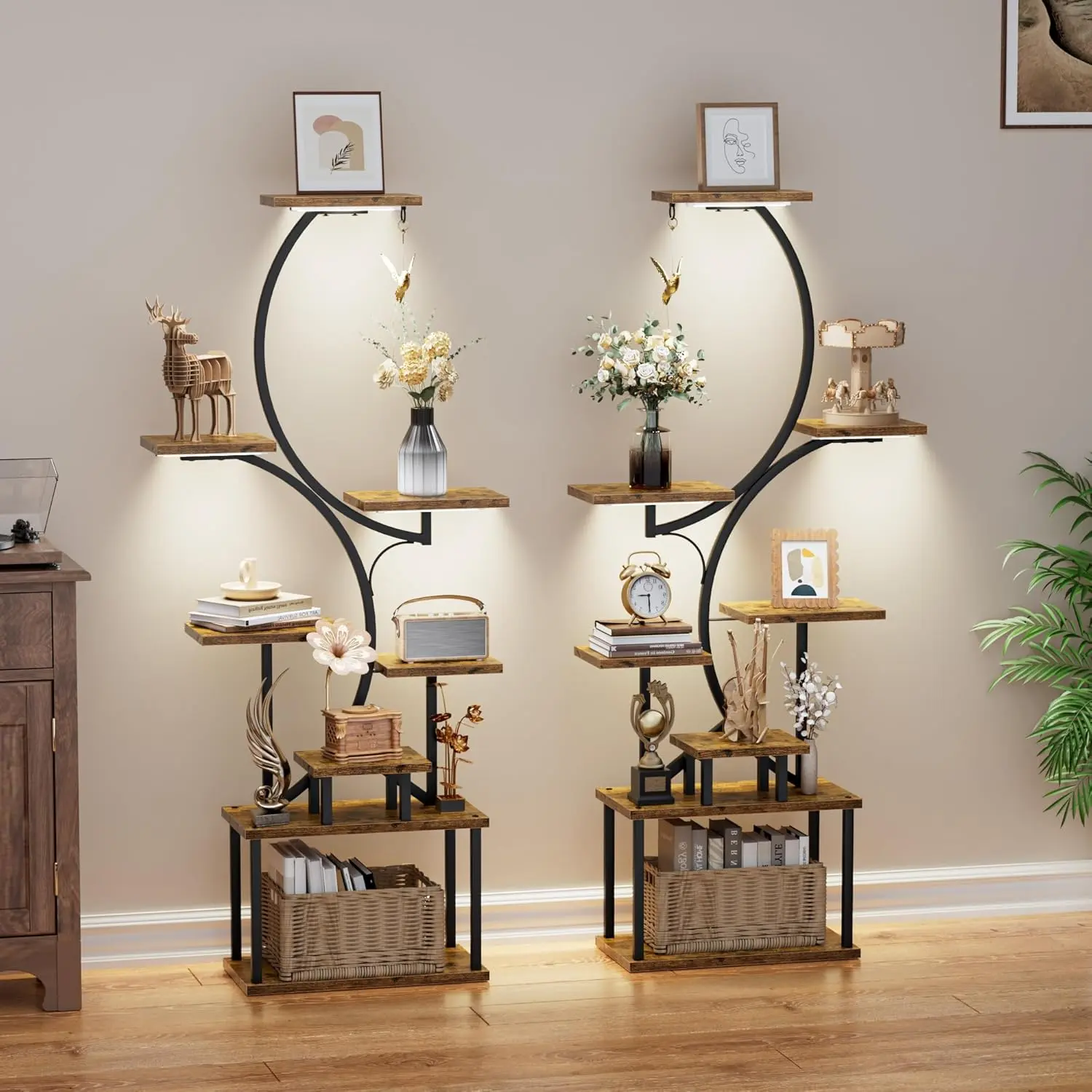 Bookshelf Ladder Shelf with Lights, 62" Tall Corner Book Shelf, 8 Tier Home Storage Bookcase, Unique Display Book Organizer for Collectibles, Modern Libreros for Room