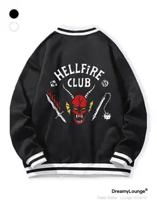 Stranger Things Hellfire Club Print Baseball Tee, Casual Breathable Long Sleeve Round Neck Top, Fitted Graphic Shirt for Outdoor & Home Wear Apparel