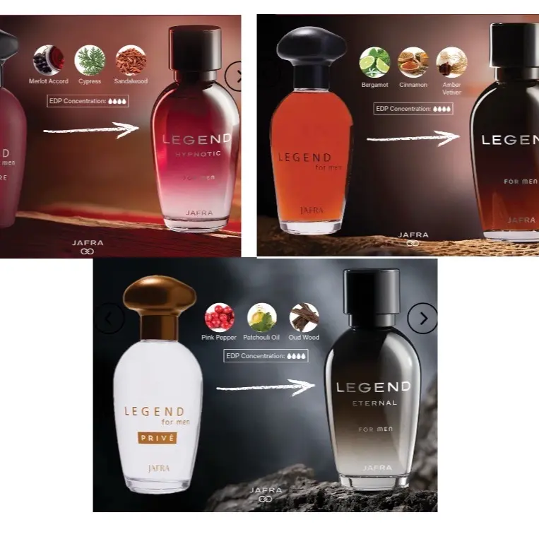 Jafra legend 3different scents 3.3 fl oz each in glass bottle and box for men