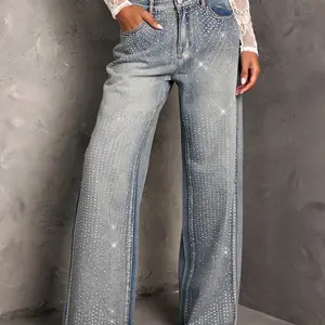 Women's rhinestone wide leg jeans, mid waist fashionable wide leg pants, heavy-duty all rhinestone denim pants, suitable for all seasons