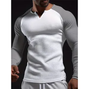Men's Casual Waffle Pattern Color Block Long Sleeve T-shirt, Chic Sports Top