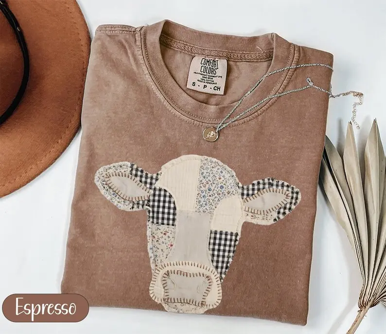 Comfort Colors Patchwork Cow T-Shirt, Quilted Farm Animal Head Tee, Gingham Floral Rustic Cow Lover Shirt, Cottagecore Farmhouse Gift, Printed Shirt