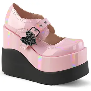 Demonia Void-38 Baby Pink Holo Patent Platforms