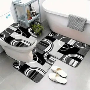 3/4pcs European Retro Series Black And White Coil Pattern Bathroom Mat Set Non Slip Absorbent Soft Microfiber Bathroom Mats with Toilet Lid Cover & Contour Rug, Machine Washable Bath Rugs for Bathroom Shower Decor