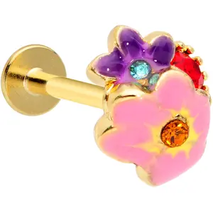 16G 5/16 Red Blue Gem Gold Tone Multi Flower Labret Monroe Tragus