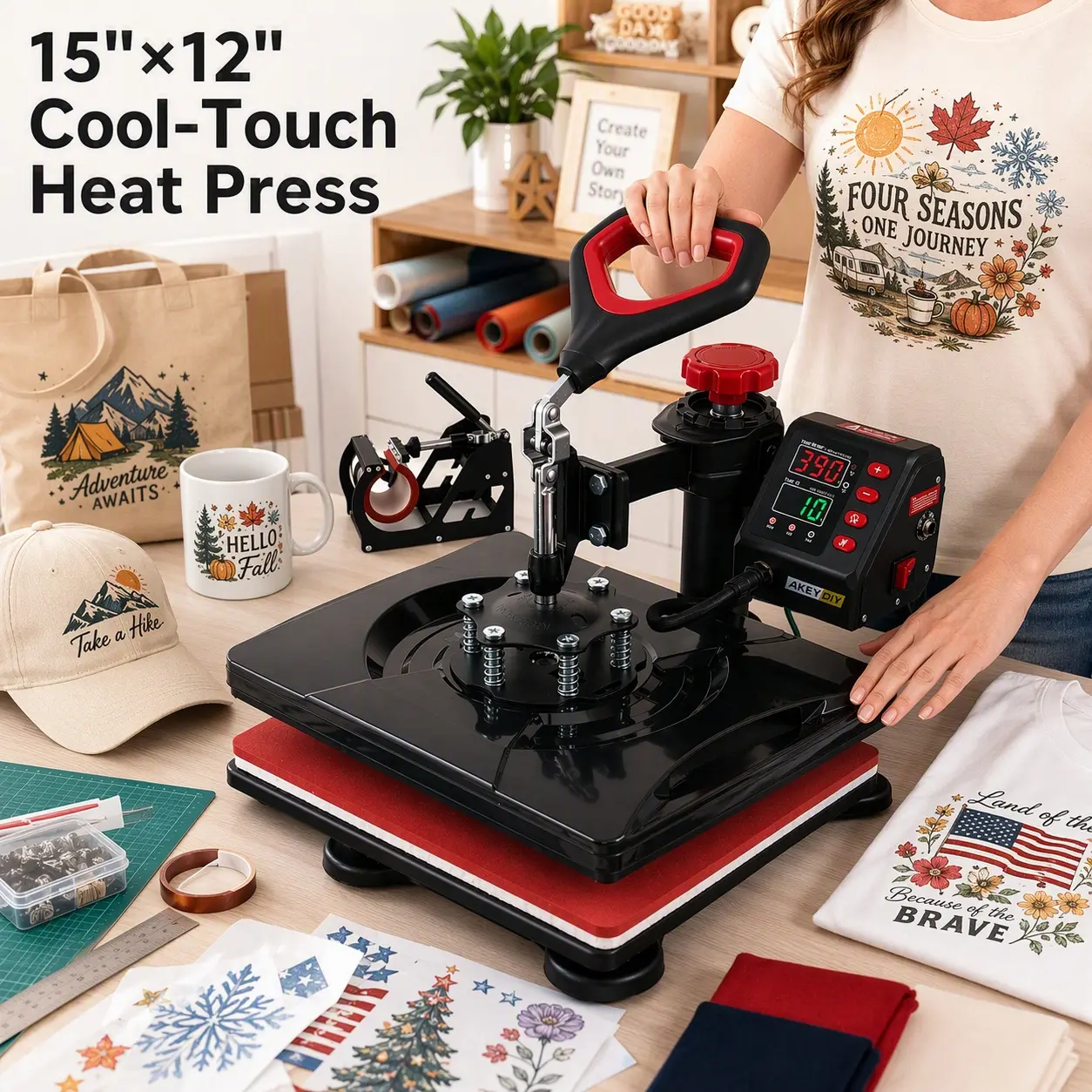 AKEYDIY Cool Touch 5-in-1 Heat Press Machine, 12"x15" Full Anti-Scald Insulated Frame, Triple Fast Heating Teflon Platen, Hidden Ergonomic Handle & Precise Digital Temp Control, Commercial-Grade for T-Shirts, Mugs, Cups, Plates