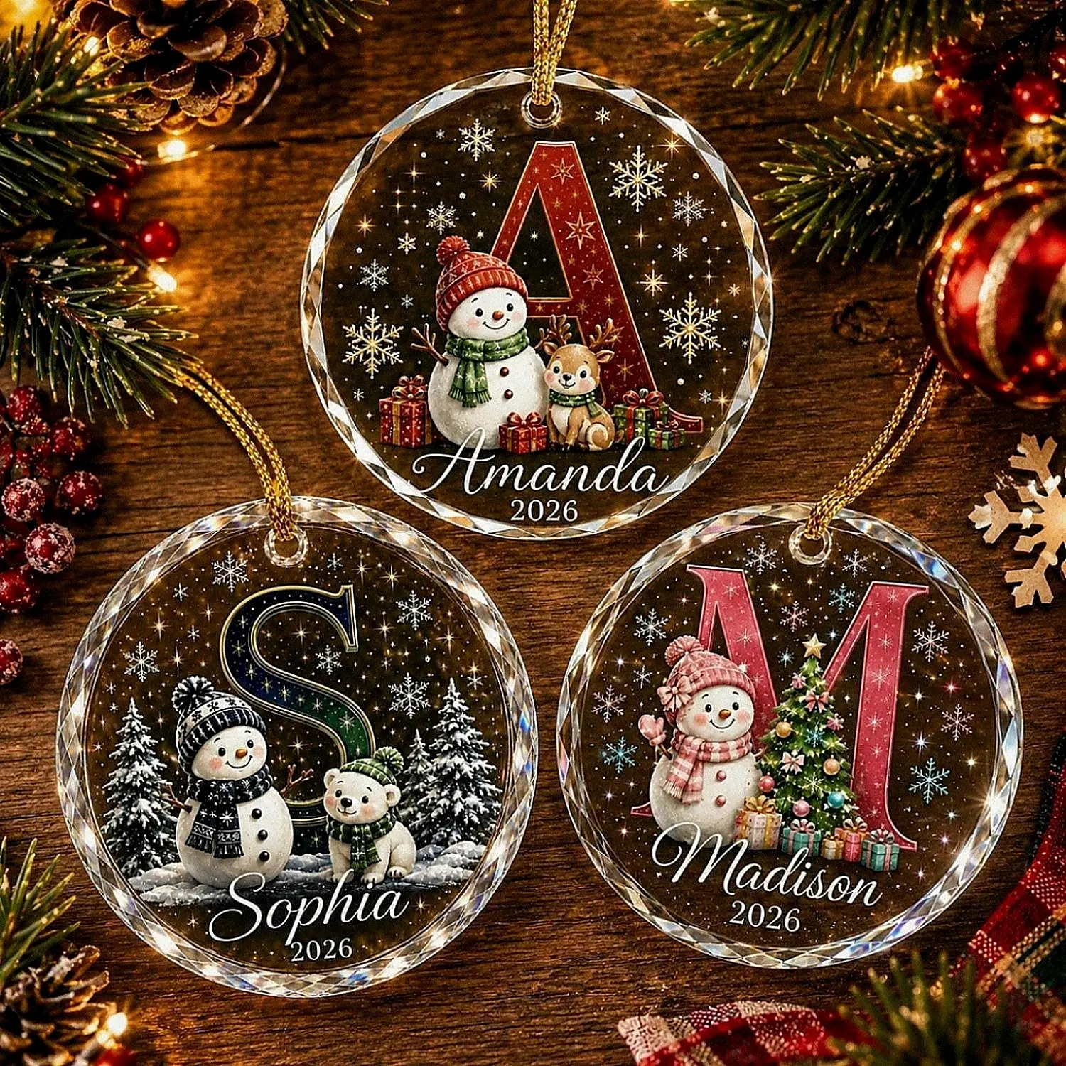 Custom Snowman Monogram Ornament, Personalized Initial Glass Ornament, Kids Christmas Keepsake, 2026 Holiday Decor, Christmas Gift