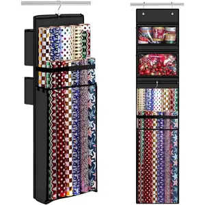 Wrapping Paper Organizer Storage, Double-Sided Hanging Gift Wrap Roll Holder for Christmas, 63"x13" Over Door Present Bag Container for Room Closet, Black Wrapper Station for Birthday