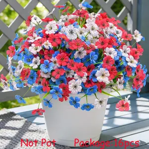 16 Pcs Artificial Fake Flowers for Outdoor Spring Decoration, Faux Flowers No Fade UV Resistant Silk Flower Plants for Outside Garden Yard Porch Patio Balcony Indoor Decor(Blue White Red)