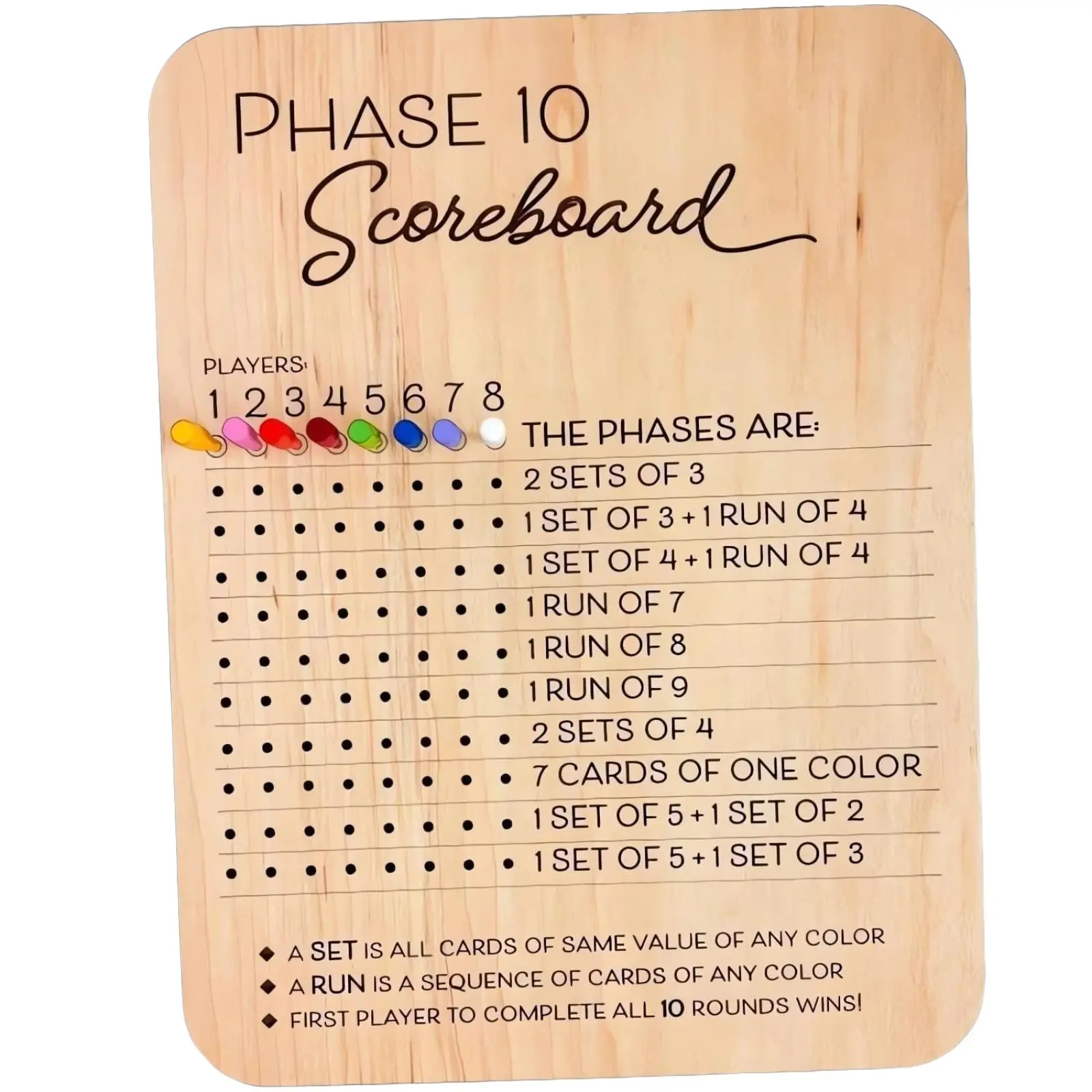 Wooden Scoreboard Set with 10 Slots and 8 Colorful Pins, Board Game Accessories, Board Game Prop, Strategy Board Games, Fun Tabletop Card Games, Perfect for Parties and Family Entertainment