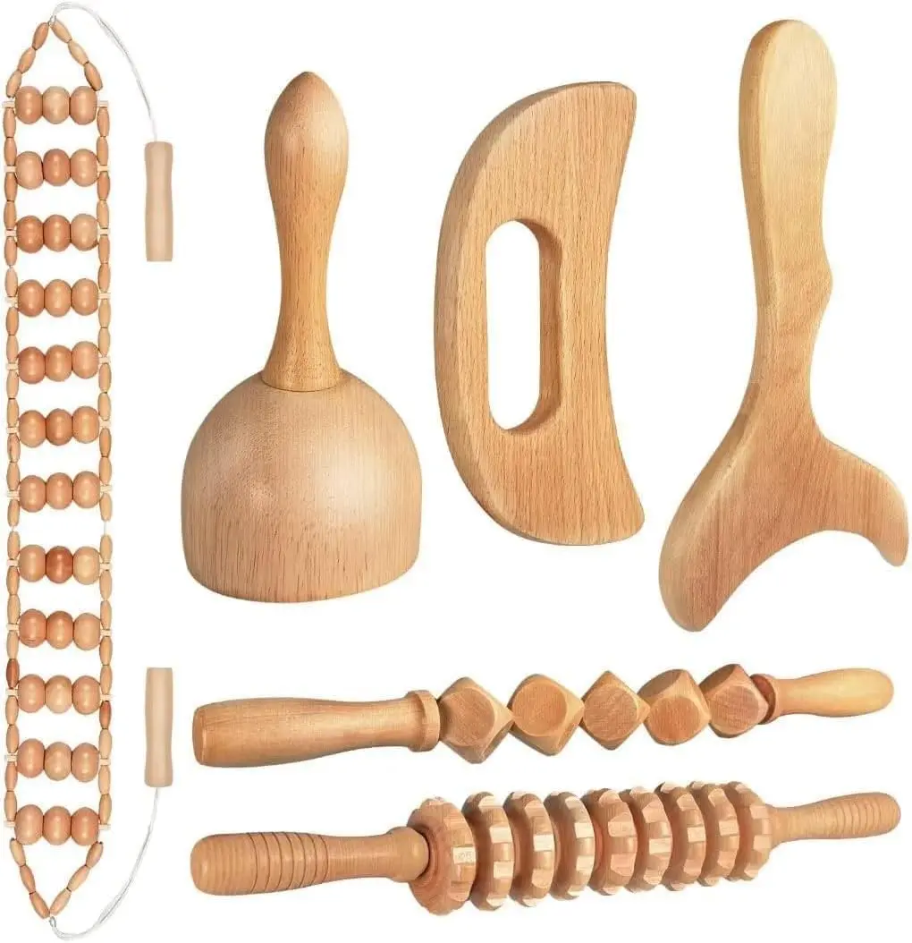 6-Piece Wood Therapy Tool Set for Lymphatic Drainage and Body Sculpting, Smooth Lightweight Maderoterapia Massagers with Relief Roller for Body Care, Body Sculpting Tools
