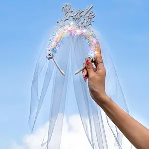 Light Up Bride Veil Headband LED Bride To Be Hair Hoop Glitter Wedding Veil Headpiece Bachelorette Party Hair Accessories for Women