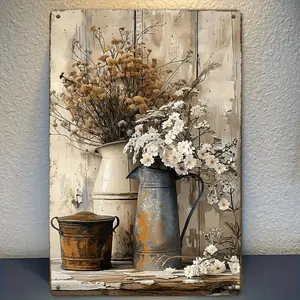 1pc Rectangular Vintage Iron Wall Art Decorative Sign - 20x30cm (8x12 in), Metal Surface, Plant Theme with Nice Flowers, Versatile Home Decor for Room, Courtyard