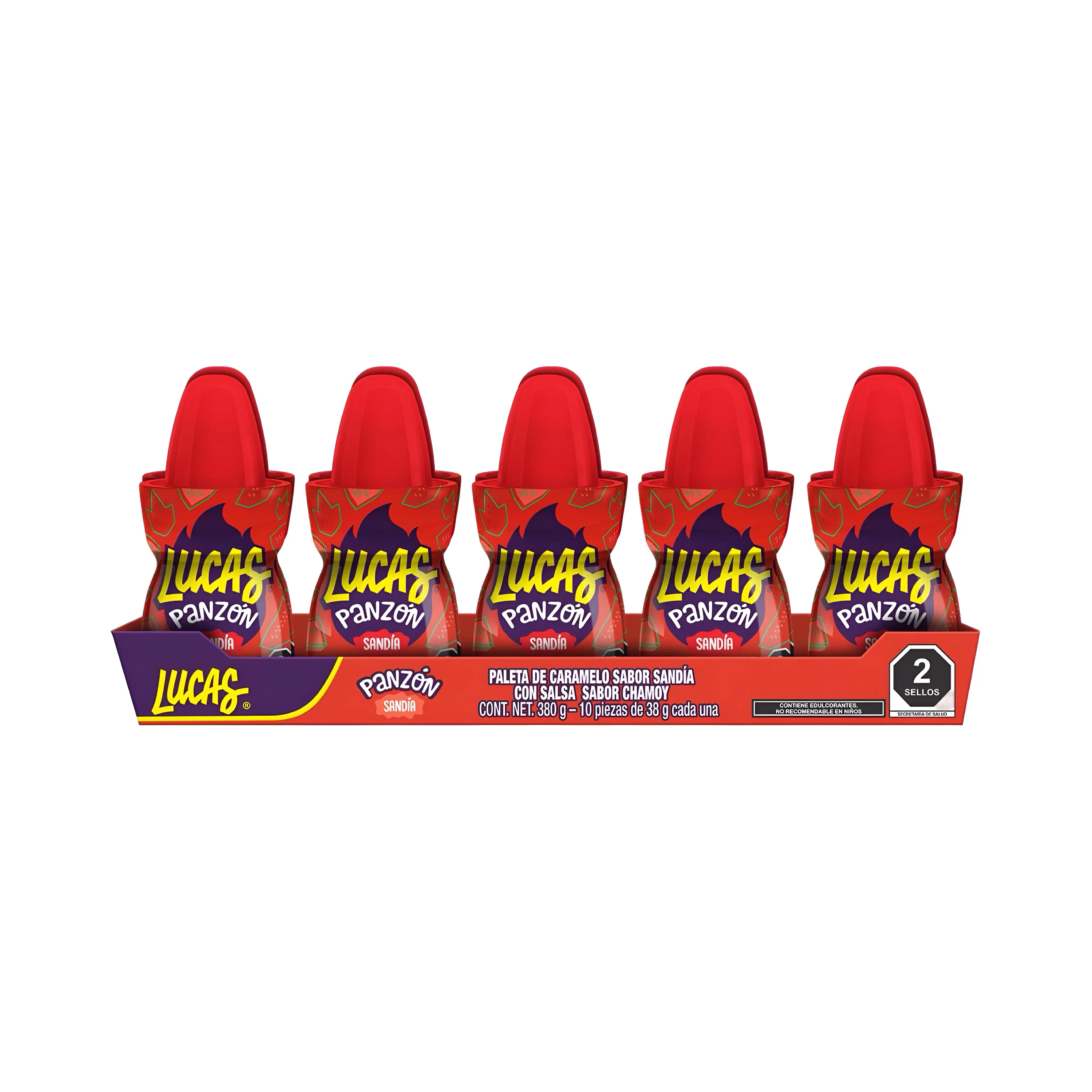 Lucas Panzon Watermelon Flavored Lollipop Candy with Chamoy Liquid (10 Count), Sweet, Savory, Mexican Candy, Dulces Mexicanos Snack Candies Tangy