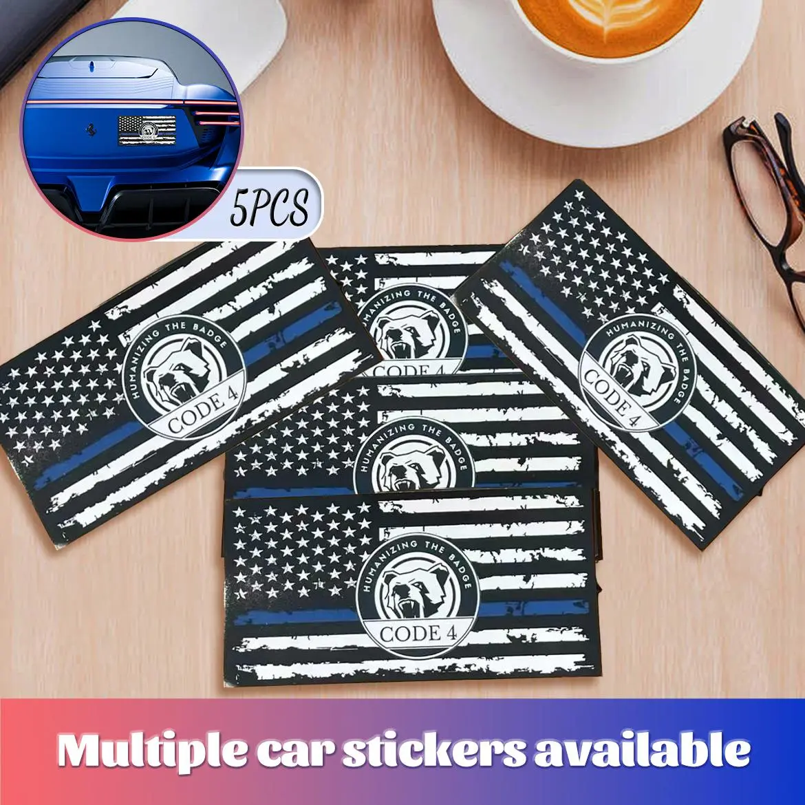 Sgto Sarabia Thin Blue Line Code 4 Decal Bundle – Waterproof Police Support Flag Stickers with Skull Decal & Free Red Card