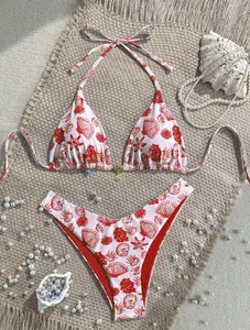 Swim Mod 2pcs/Set Summer Holiday Random Metallic Golden Shell Decor Halter Neck Triangle Bikini Top And High Cut Bikini Bottom, Sexy Bikini Set