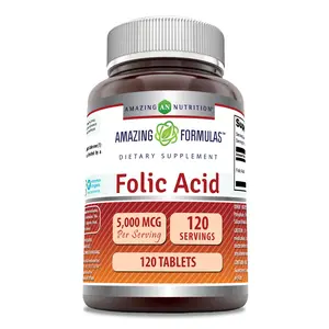 Amazing Formulas Folic Acid (Vitamin B9) Supplement | 5000 Mcg per Serving | 120 Tablets | Non-GMO | Gluten-Free | Made in USA