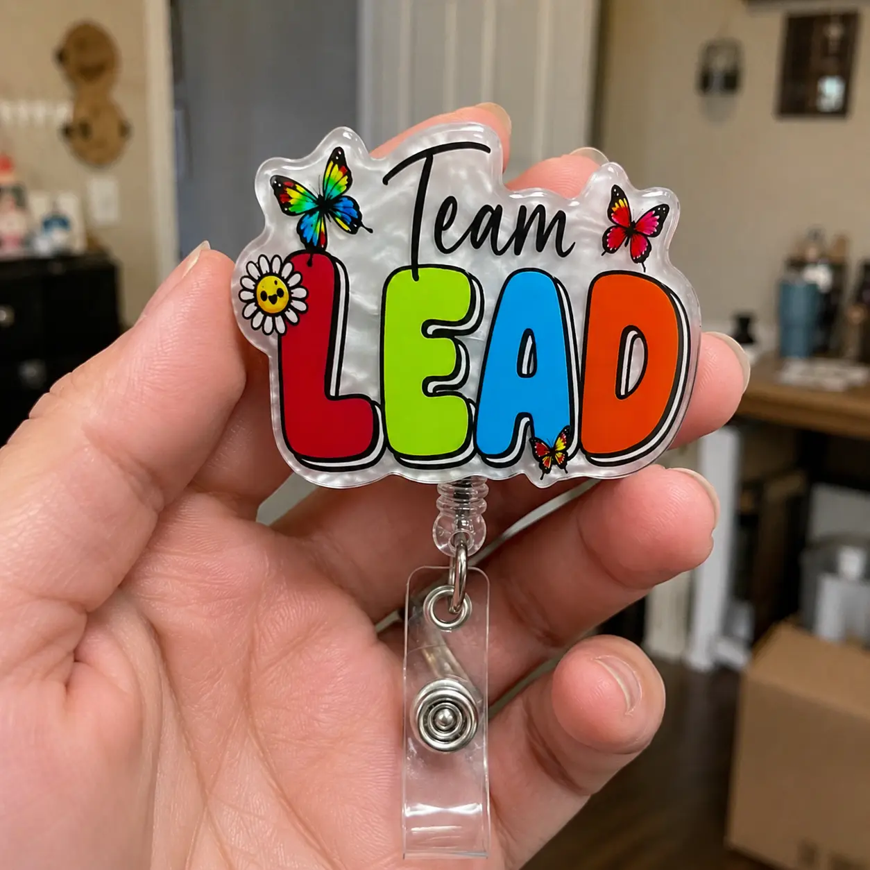 Team Lead Badge Reel, Cute Butterfly Acrylic Team Lead ID Holder, Retractable Clip Work Promotion Appreciation Gift