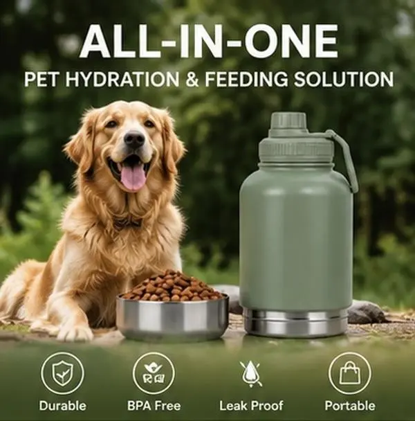 2-in-1 Large BPA-Free Dog Water Bottle & Food Storage Container, Portable Stainless Steel Outdoor Pet Travel Bottle with Screw Lid, Easy-to-Clean Storage Bowls with Carry Handle
