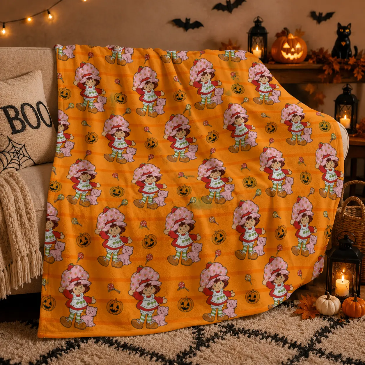 Vintage Halloween Strawberry Shortcake Throw Blanket, Cute Cartoon Pumpkin & Candy Print, Soft Cozy Blanket for Bed Sofa, Spooky Season Room Decor