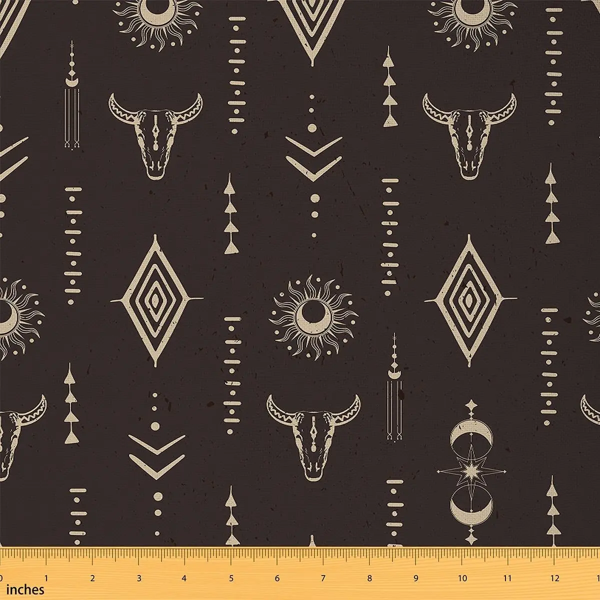 Feelyou Rustic Southwestern Medium-Weight Tight-Weave Waterproof Polyester Upholstery Fabric - 1yd (36"x58") Brown, Longhorn Skull, Sun Moon, Cowboy Motifs, Geometric Prints for Decoration, Outdoors, Indoor Sewing, Easy Cleaning