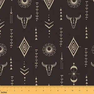 Feelyou Southwestern Theme Waterproof Upholstery Fabric - 1yd Brown Textile with Longhorn Skull, Sun Moon, Cowboy, Geometric Prints for Sewing, Soft Furnishings