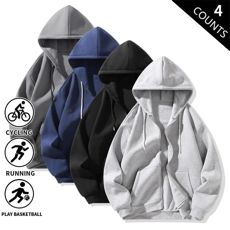 4-Pack Men’s Basic Zip Hoodie, Loose Fit Full-Zip Sweatshirt Jacket, Breathable Long Sleeve Hoodies for Gym, Cycling & Casual Daily