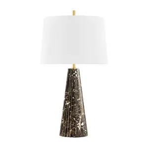 Fanny Table Lamp in Dark Emperador Marble with Off-White Linen Shade and Fluted Design