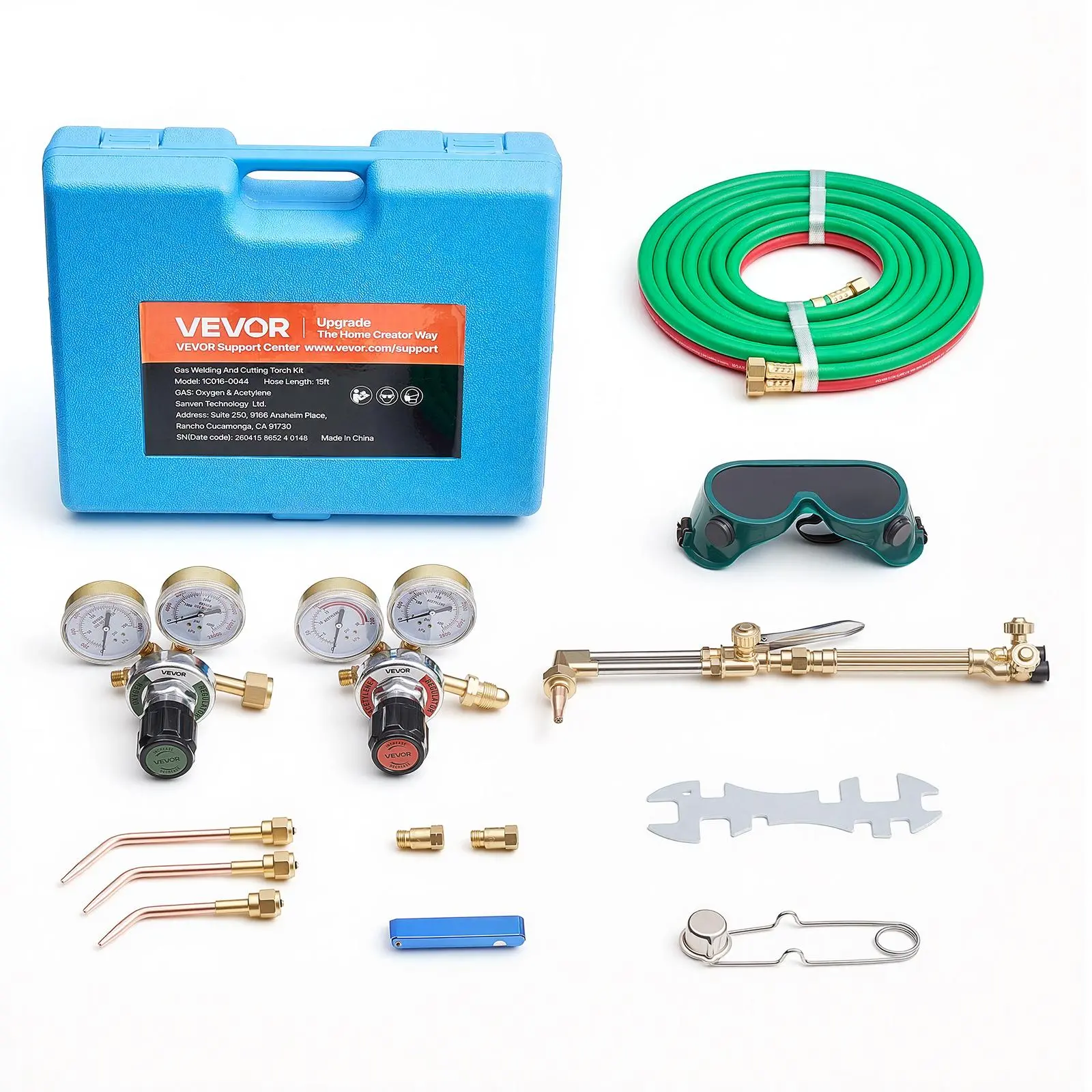 【BackToSchool】VEVOR Brass Oxygen Acetylene Torch Kit for DIY Enthusiasts - Portable High-Temp Resistant Gas Welding,Cutting,Brazing Set with Check Valves,15ft Durable R-Grade Hose (300~psi hose pressure),1 Cutting Tip,3 Welding Tips,2 Regulators,Metal Too