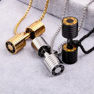 Dumbbell Barbell Men's Hip Hop Titanium Steel Necklace Sports Pendant in Golden Silvery and Black Options punk jewelry