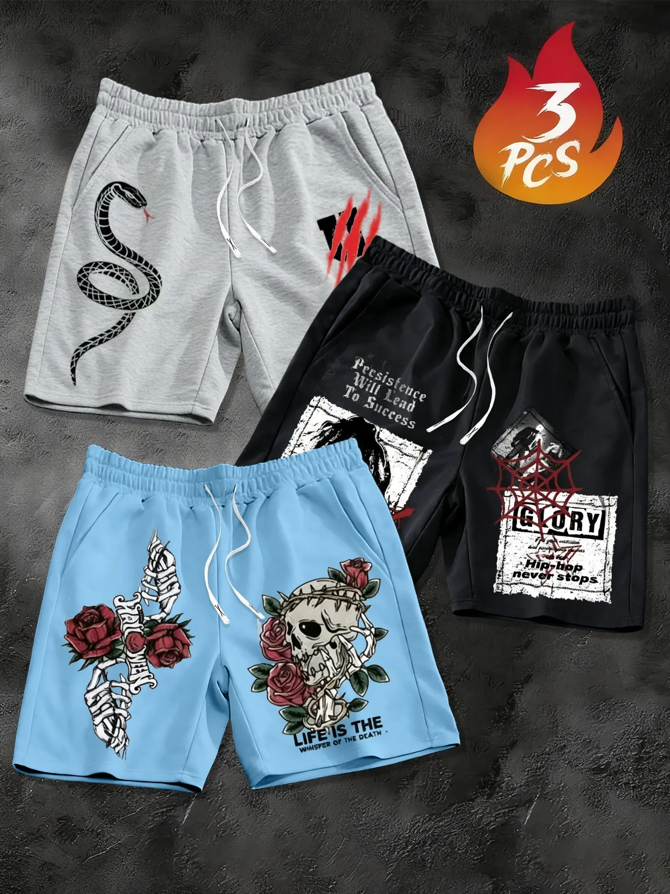 American Dark Snake Bone Rose Print Casual Shorts Set, Streetwear High Street Cool Loose Five-Quarter Pants for Men, Three Different Styles, Daily Casual Shorts, Trendy Fashion