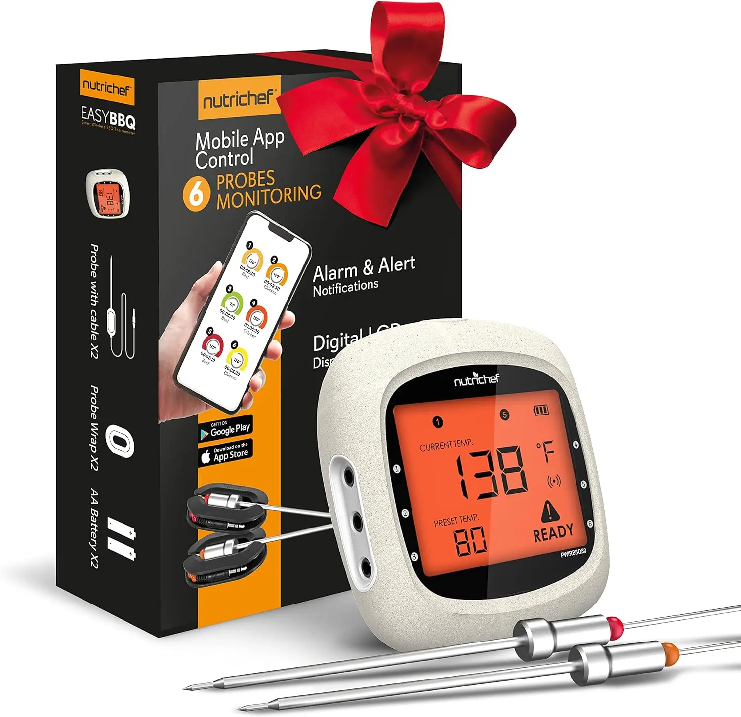 NutriChef Digital Meat Thermometer - Bluetooth Kitchen Utensil with Backlit LCD Display, Smart App Control, Includes 2 Probes (Up to 6 Compatible), 400ft Range, 200ft Wireless Range, Outdoor Cooking Use, Alkaline Batteries Included