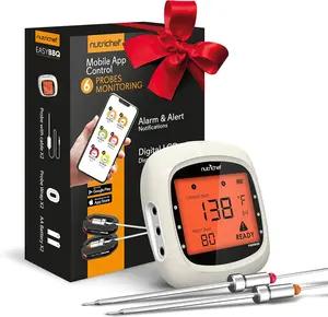 NutriChef Digital Meat Thermometer - Bluetooth Kitchen Utensil with LCD Display, Smart App Control, Includes 2 Probes (Up to 6 Compatible), 400 Ft Range, Outdoor Cooking Use, Alkaline Batteries Included