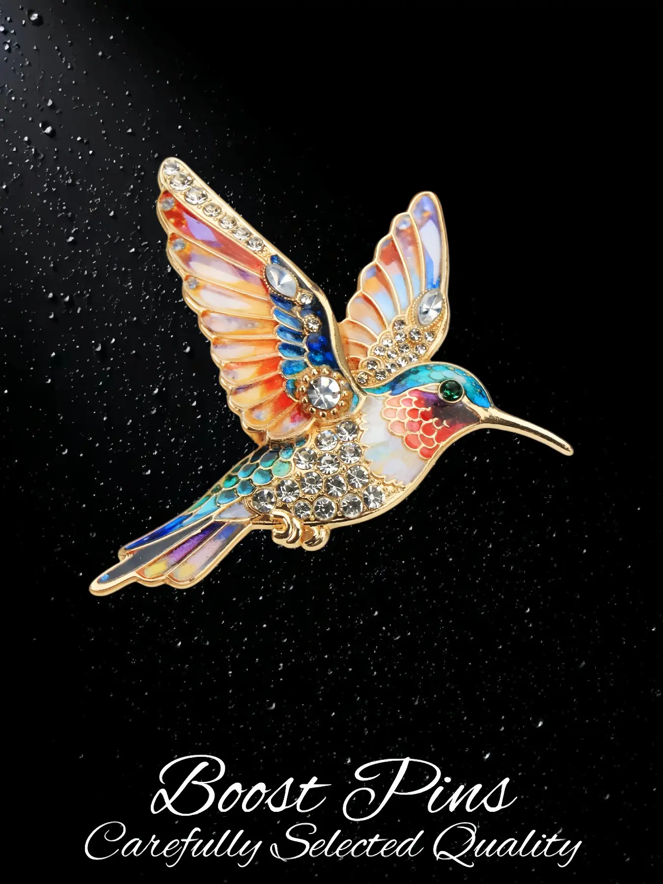 Gold Tone Multicolor Enamel Hummingbird Brooch With Crystals, Sparkling Clear Crystal Rhinestone Wings & Body, Vibrant Animal Statement Lapel Pin, Women's Fashion Jewelry for Coats Scarves, Perfect Gift for Bird Lovers, Alloy Brooch Pin